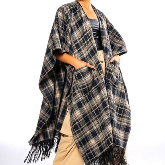 Callie Lives Sweaters - Miz Native Plaid Vegan Fringe Poncho